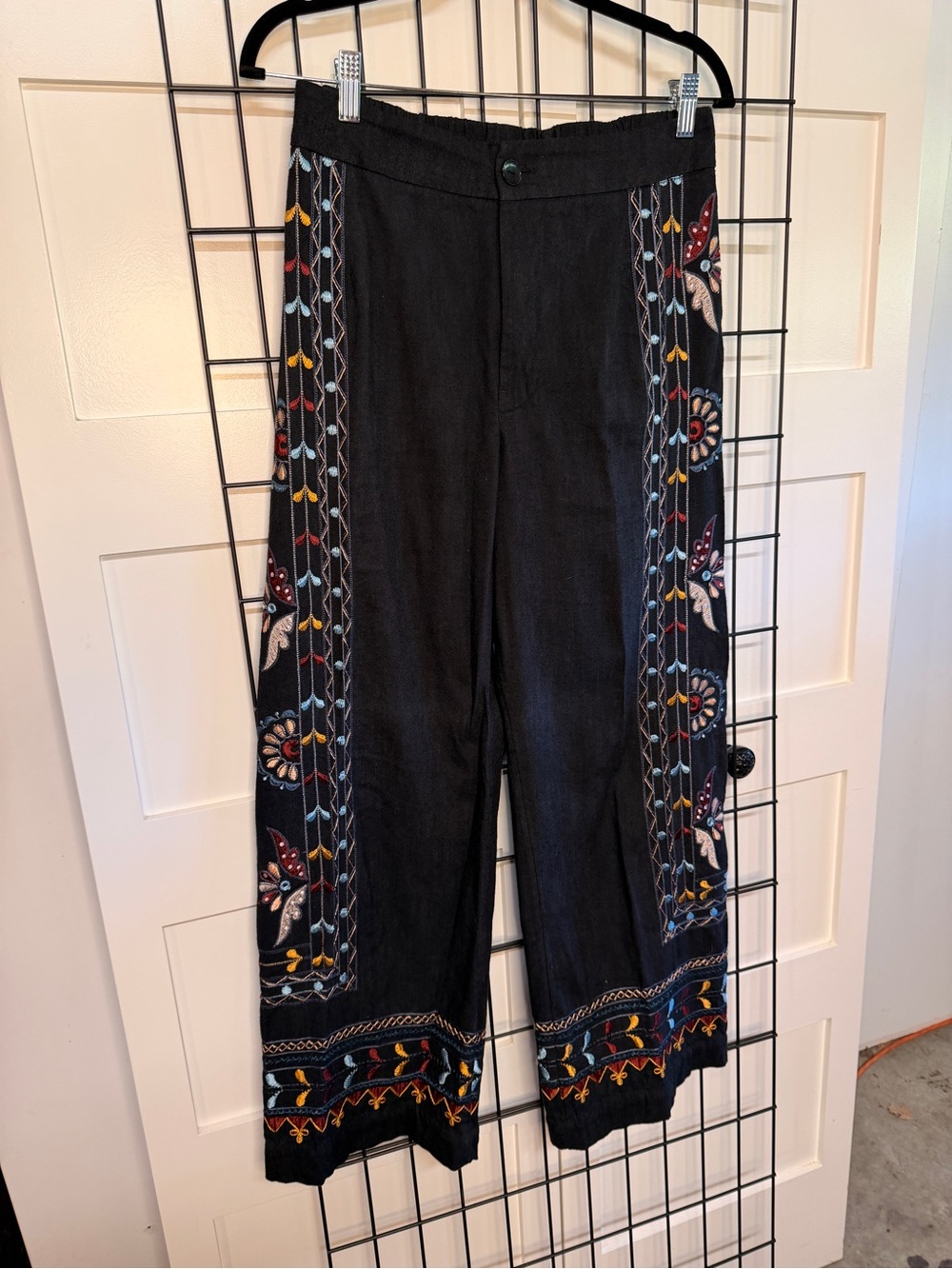 Anthropologie Embroidered Black Wide-Leg Pants
